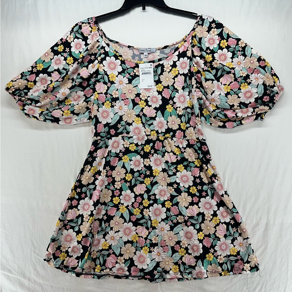 Velvet Torch Dress Mini Black Pink Floral Balloon Sleeve Scoop Neck Size S‎